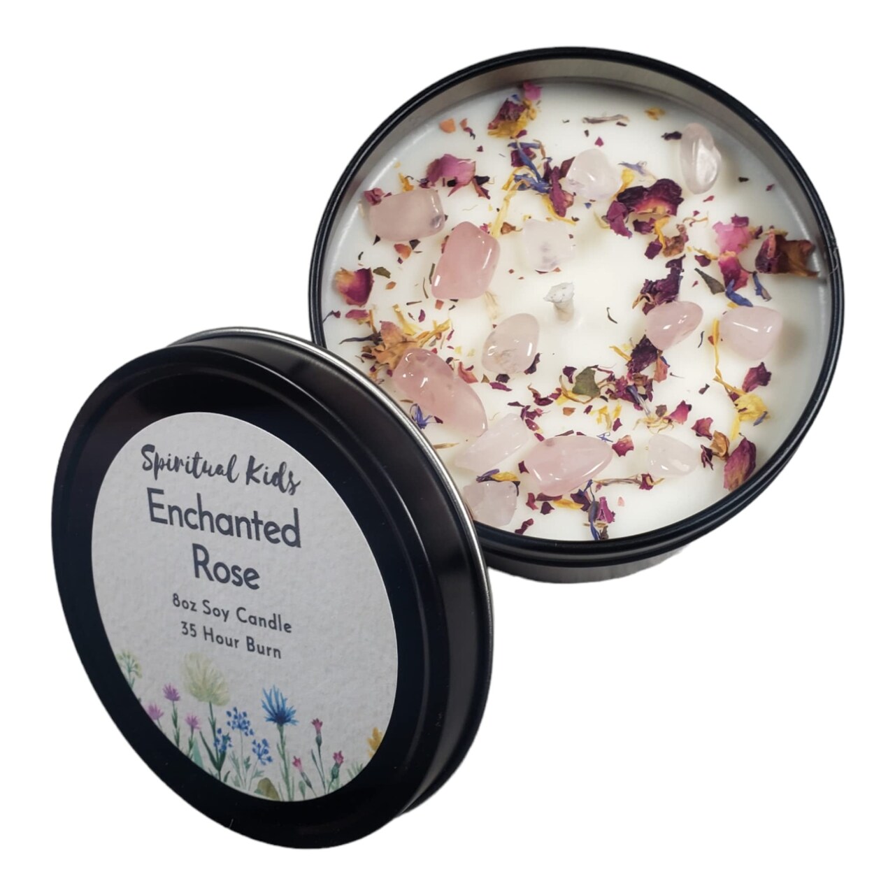 Enchanted Rose 8oz Tin Jar Candle Hand Poured with All Natural Soy Wax and Fragrant/Essential Oils! Dried Flowers & Rose Quartz Crystals